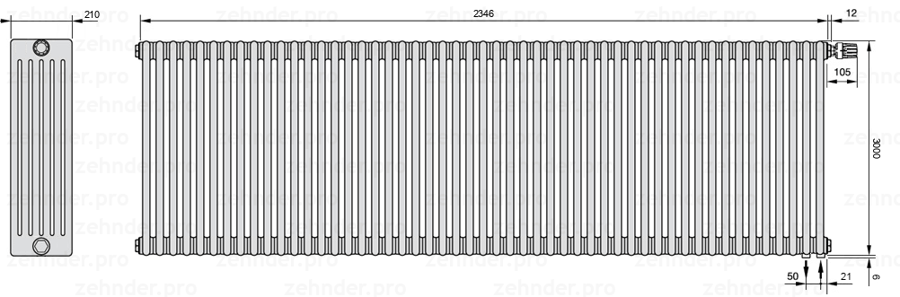 Схема (чертеж) Радиатор Zehnder Charleston 6300/51 №V002 Белый глянцевый RAL 9016